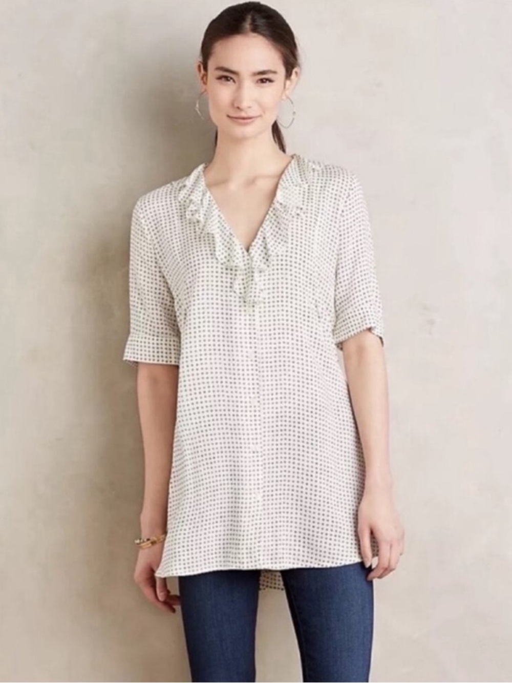 ANTHROPOLOGIE 11.1 Tylho Minnie Blouse Size Medium Ruffle Button Down Tunic Top